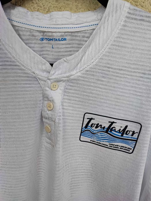 Tricou Tom Tailor alb, model henley cu nasturi, mărimea L, 100% bumbac
