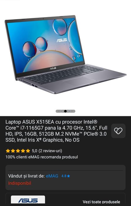 Laptop ASUS  15 X515EA – Intel i7 Gen 11 / 16GB RAM / 512GB SSD