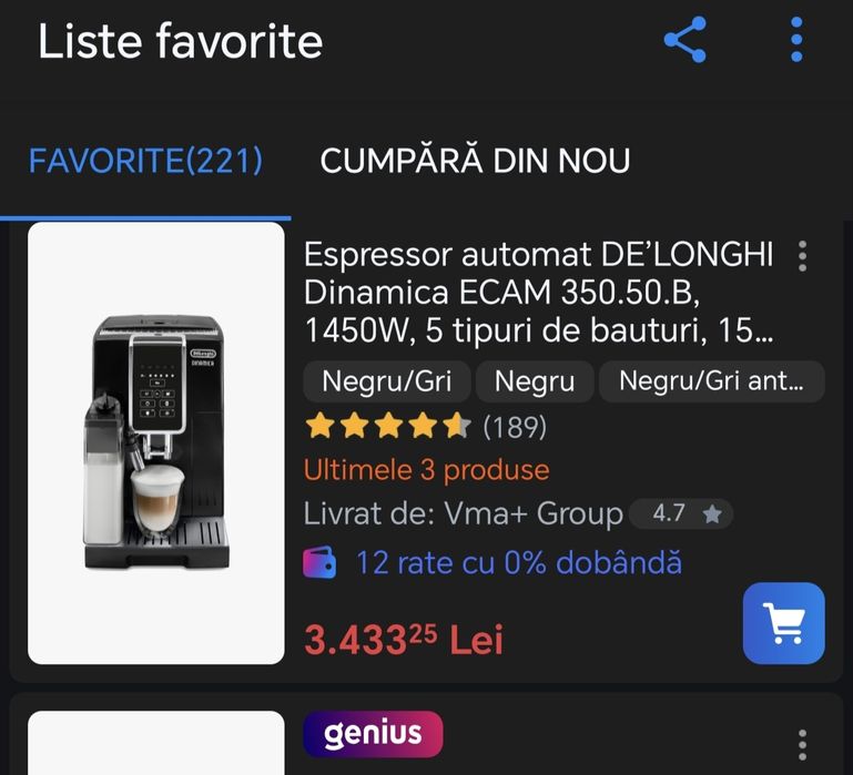 Vând DeLonghi Dinamica ecam 350.50b