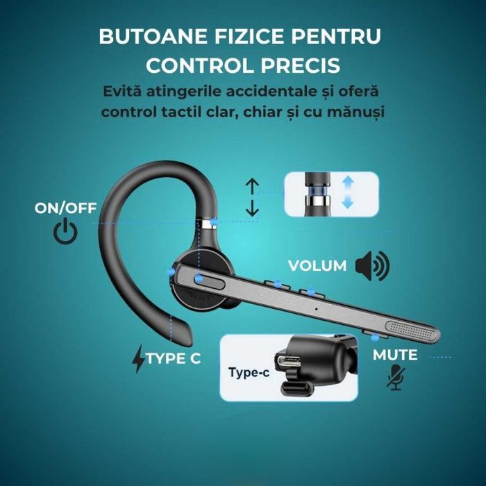 Casca Bluetooth CerCip G9, Autonomie baterie 15 ore, Carcasa de incarcare, Anulare zgomot, Sunet HD