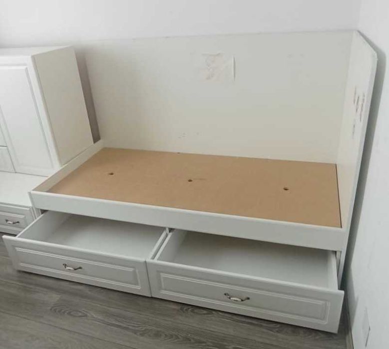 Pat Alb de colt cu 2 Sertare; Pat cu Lada si Somiera 190x90 cm