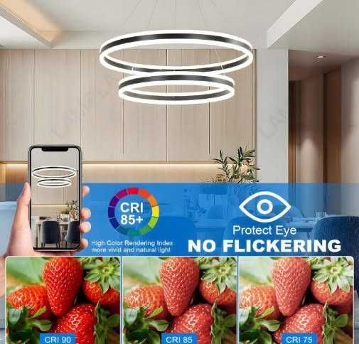 Луксозен LED полилей LAMPLAY, модерна LED висяща лампа 65W, голяма таванна лампа с 2 черни пръстена 60+80 см