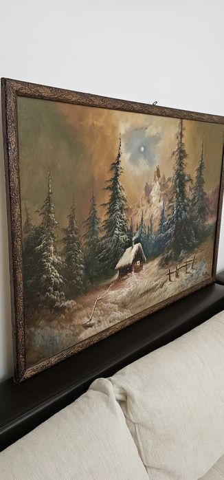 Tablou peisaj de iarnă – pictură semnată, cadru vintage