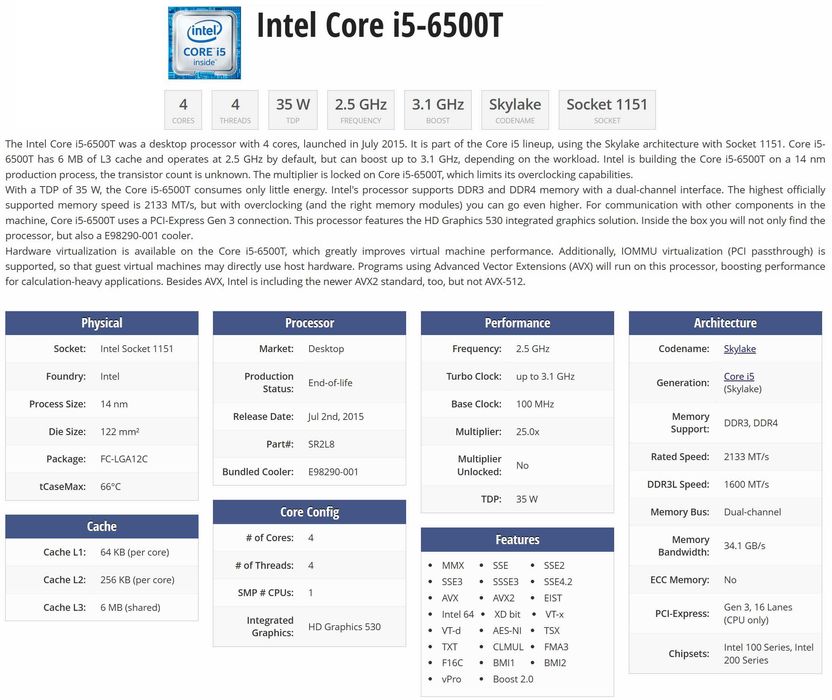 Процесор CPU Intel i5 6500T 2.50 до 3.10GHz 35W LGA 1151