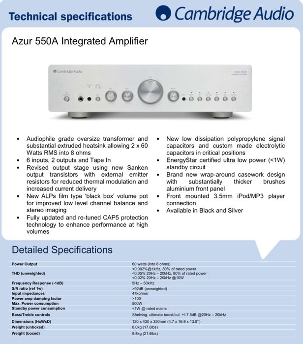 Cambridge Audio AZUR 550A Amplificator Audiophil 2x60W Preț Listă 600$