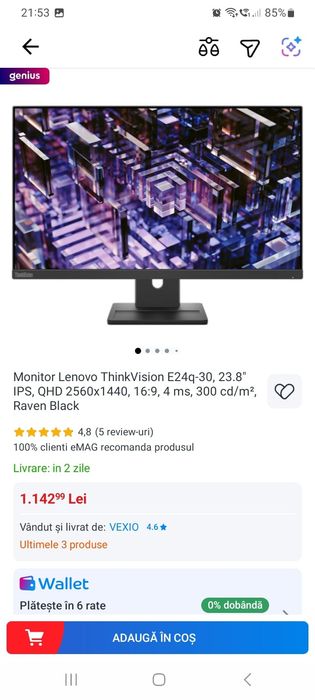 Vând monitor Lenovo ThinkVision E24q-30 – 23.8
