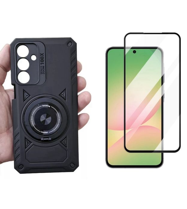 Samsung A37/A57 - Husa Hard Tpu Cerc Magnetic Suport Neagra + Folie Sticla Full Edge