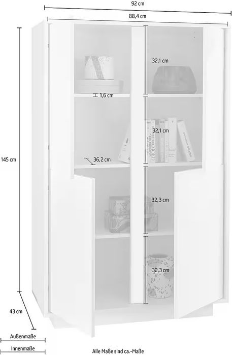 NOU Dulap alb lucios 145h, cu uși și polițe