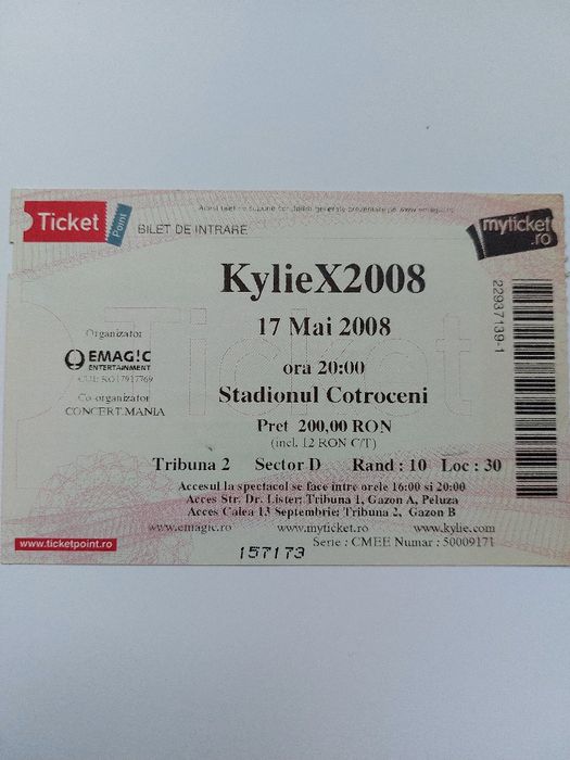 Bilet original concert Kylie Minogue Bucureşti 2008 - preț negociabil