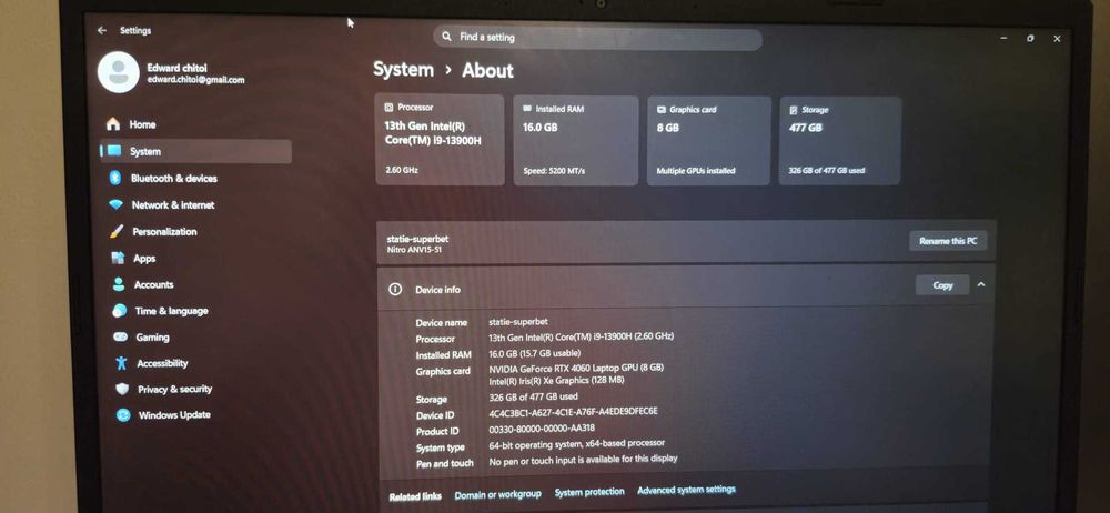 Laptop gaming anv 15-51 i9 13900h 16gb ram ddr5 rtx 4060 ssd Nvme 500 gb + cooler laptop inclus+garantie extinsa