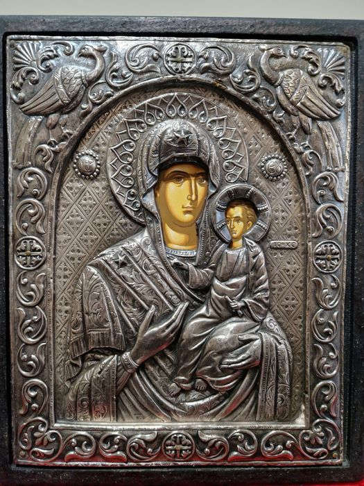 Прекрасна антикварна голяма сребърна икона -,Сертификат