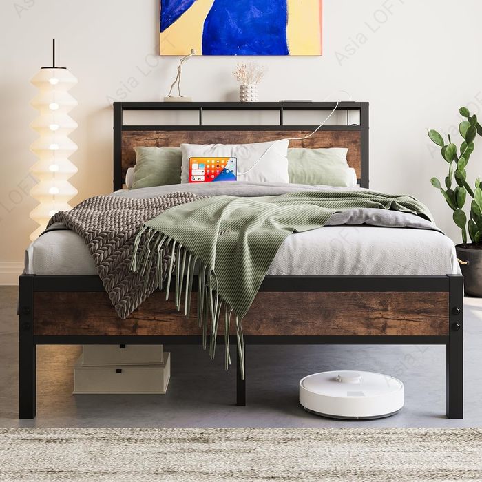 Кровать Металлическая, Лофт Стиле, с Зарядным разъемом, Темир Кровать