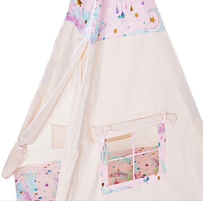 Cort copii stil indian Teepee Tent Kidizi Pink Moon, include covoras gros si 2 perne