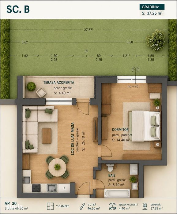 Apartament 2 camere de 46 mp si cu gradina proprie de 37 mp