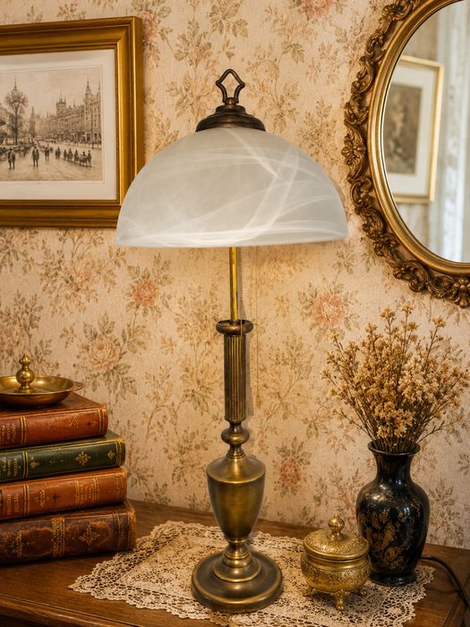 Lampa,veioza veche englezeasca cu picior si abajur sin sticla satinata