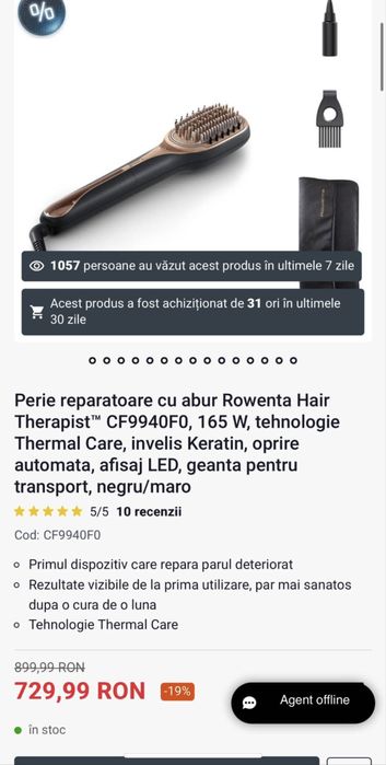 Perie de indreptat parul cu abur Rowenta Hair Therapist CF9940F0