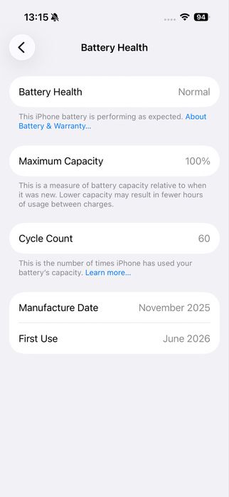 iPhone 16 128 GB activat pe 28 iunie, 60 cicluri 100% bateria