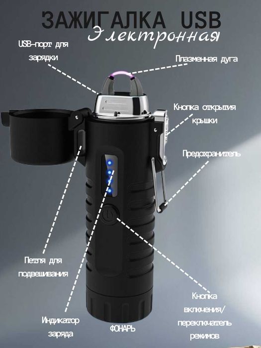 Зажигалка электронная дуговая с фонариком, IP56 и функцией SOS, USB