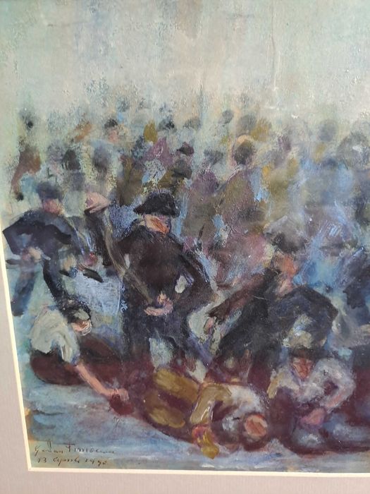 tablou romanesc pictura in acuarela 46/36 cm semnat datat 1990