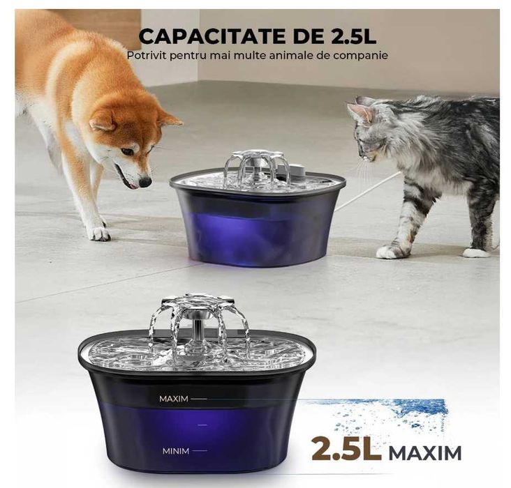 Dispenser de apa Inox Elindor pentru animale de companie, cu filtrare in 5 straturi si jet de apa, 2.5l, lumina led, negru