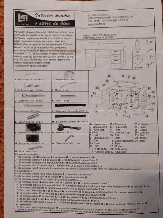 Birou 140x60 h76+19, 4 sertare, cu usa din sticla