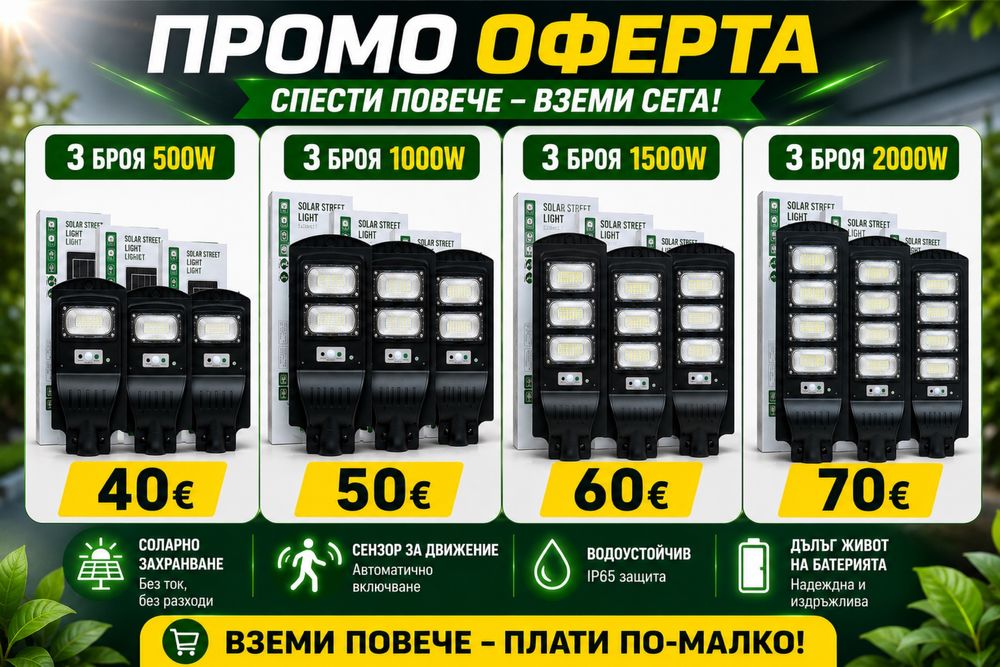 Соларна LED улична лампа 500W ,1000W,1500W,2000W– мощно и икономично осветление