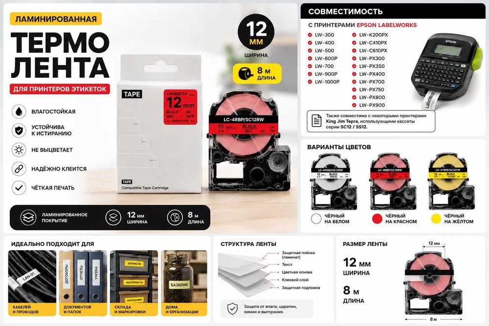 Лента для принтера Epson LabelWorks 12 мм 8 м