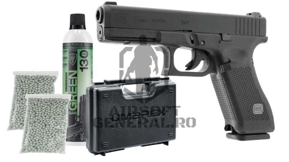 Set/Pachet Pistol Airsoft Glock 17 Gen5 Blowback GreenGas