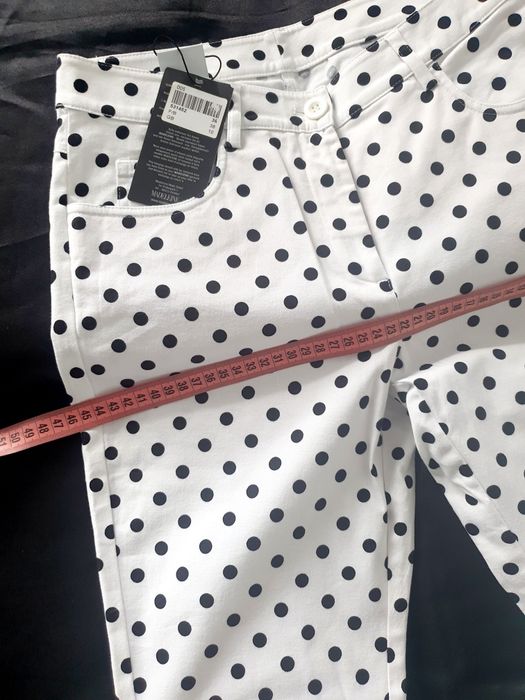 Pantaloni Madeleine M L skinny alb cu buline negre bumbac elastic noi etichetă vara vacanta casual