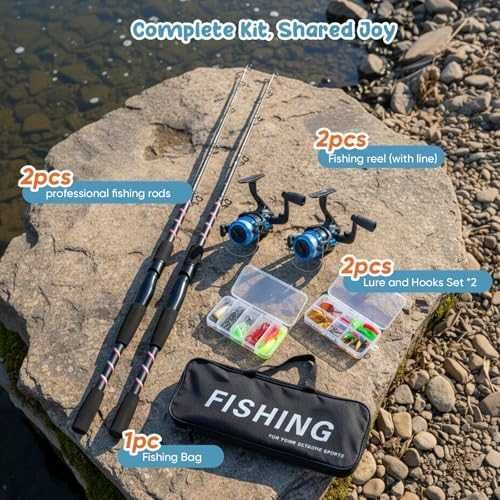 Нов Комплект детски въдици 2 броя с примамки макара чанта аксесоари рибар