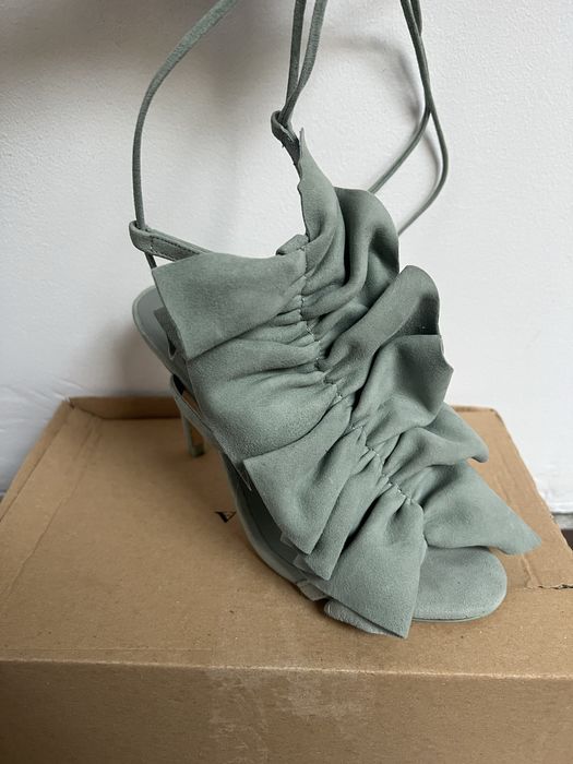 Sandale Zara cu toc, 36, verzi, cu siret, piele naturala