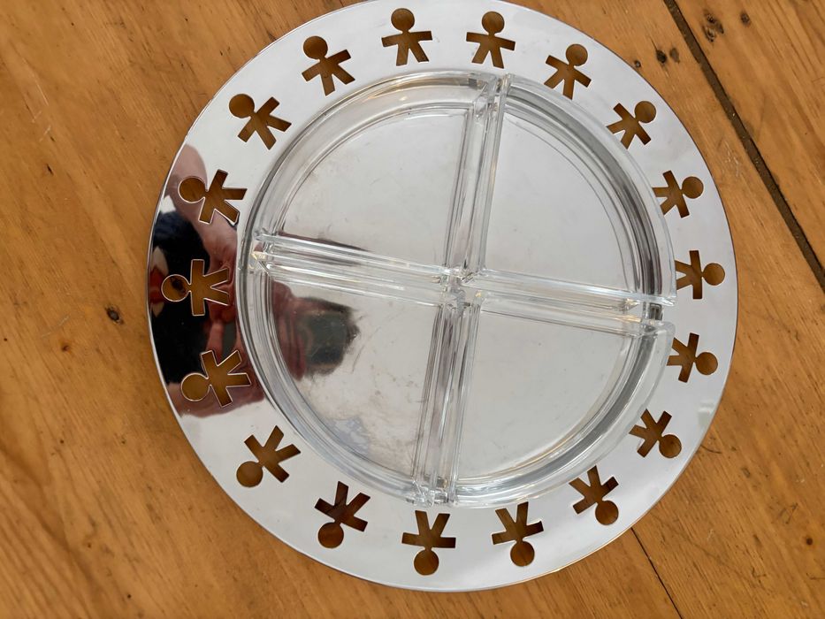 Alessi Italia tava de servire din inox cu 4 recipiente din cristal pentru aperitive model rar