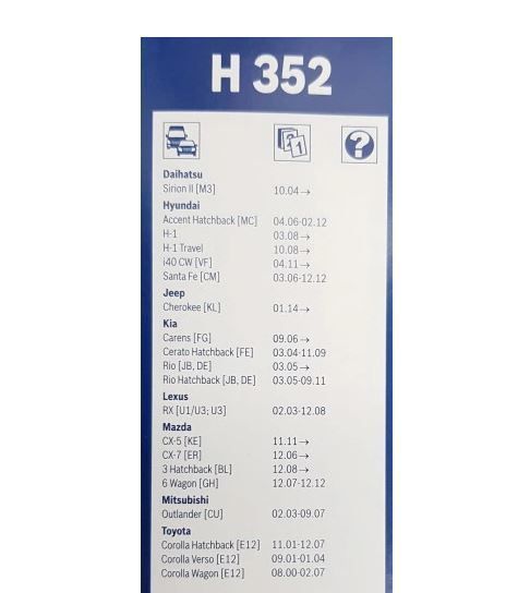 Lamela stergator luneta 350mm/14in Daihatsu Sirion M3; Hyundai; Jeep Cherokee Kl; Kia Carens Un, Cerato Fe, Rio De; Lexus Rx Xu30; Mazda; Mitsubishi Outlander Cu0w; Subaru Justy M300f; Toyota; Bosch twin