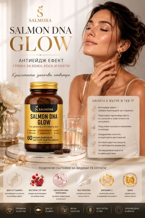 Хранителна добавка за сияйна кожа, коса и нокти Salmon DNA Glow, АНТИЕЙДЖ ефект с ДНК от сьомга