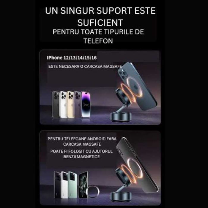 Suport Telefon Magnetic, Fixare Ultra-Stabila prin Vacuum, Rotire 360°