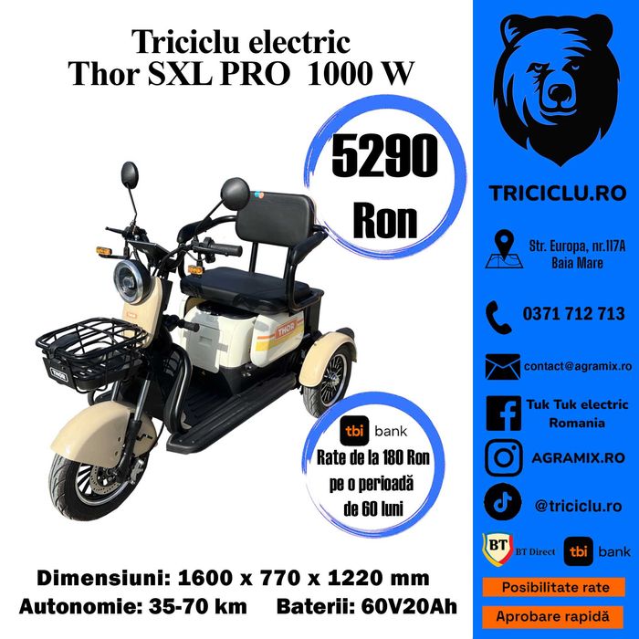 Triciclu electric tuk tuk Thor SXL PRO 1000W cu CIV  nou Agramix