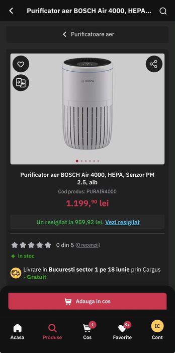 Purificator Aer Bosch Air 4000 HEPA H13, CADR 300 m³/h, până la 62,5 m², Mod Auto & Sleep