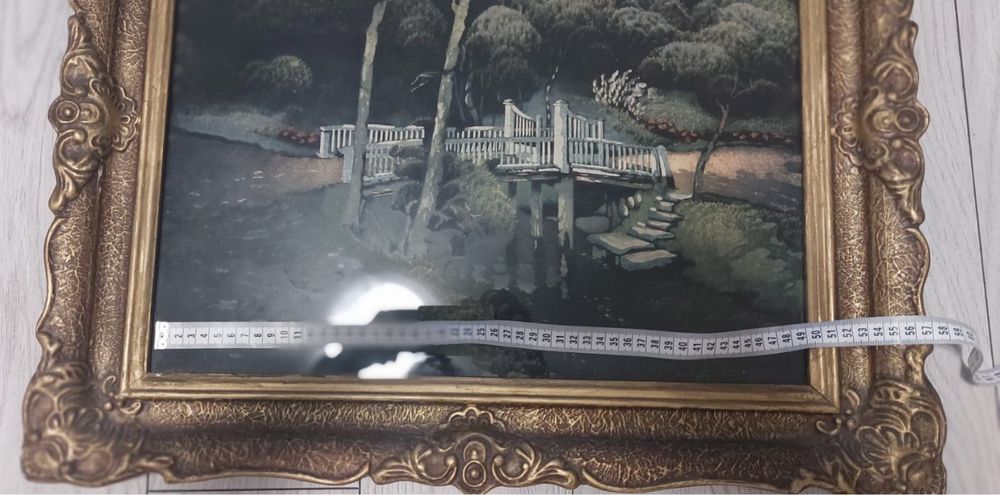 Tablou  Podul peste lac – pictură vintage pe catifea (anii 1950)