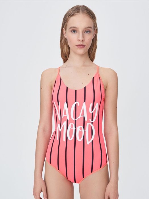 Costum baie intreg dama marime S nou cu eticheta roz negru dungi