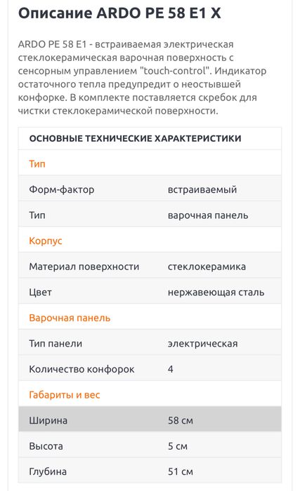 Стеклокерамическая встраиваемая панель ARDO