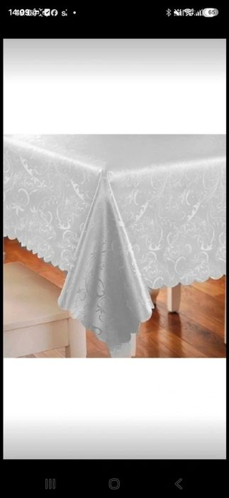 Față de masa din damasc satinat, alb luminos 120/220 cm, sigilata