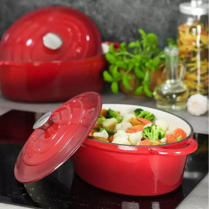 Oala din fonta emailata 4.5 litri, 30cm ovala, cratita cu capac, rosu,