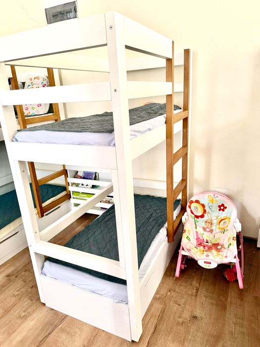 Двуетажно детско легло | Бяло | С чекмеджета | Масив | Отлично състоян