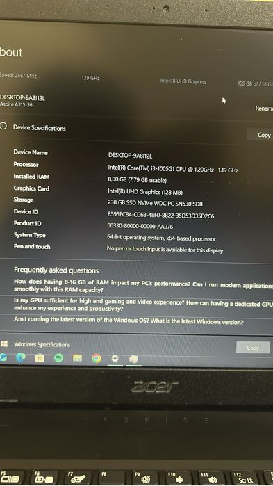 Vand Urgent Laptop Acer Aspire 3