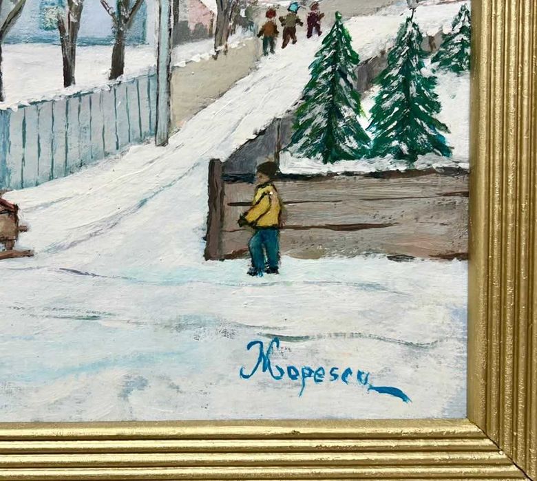 Tablou Peisaj din Satul Bucovinean Iarna pictura inramata 41x56cm