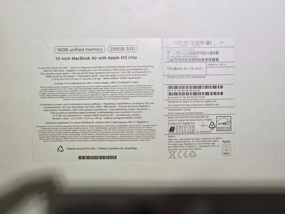 КАТО НОВ 256GB Apple MacBook Air 13.6'' M3 / 16GB Гаранция Зора 2027г.