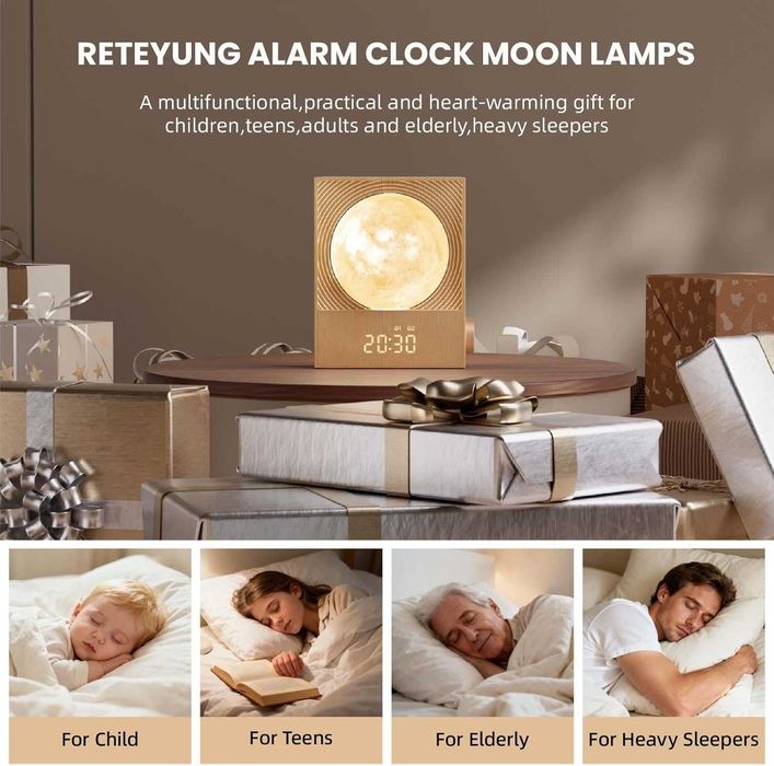 Lampa Luna Rotativa cu Alarma Sunrise Ceas Digital RGB Sunete Natura