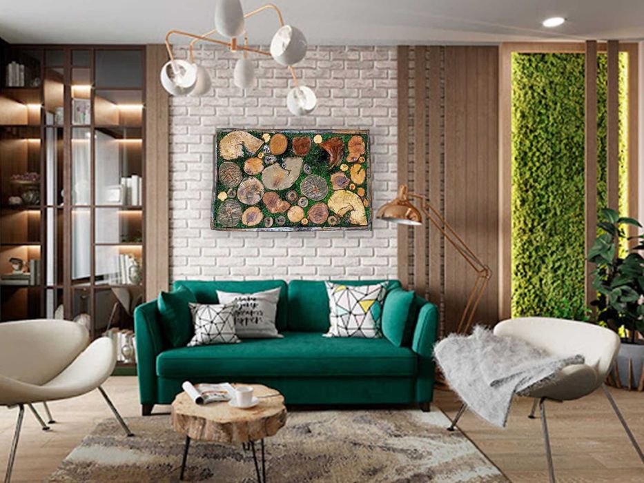 Декоративно пано от дърво и естествен мъх, арт декорация - 61х40 см