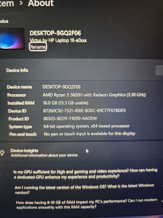 Laptop 16 inch Hp Victus Ryzen 5600H rx 5500m impecabil