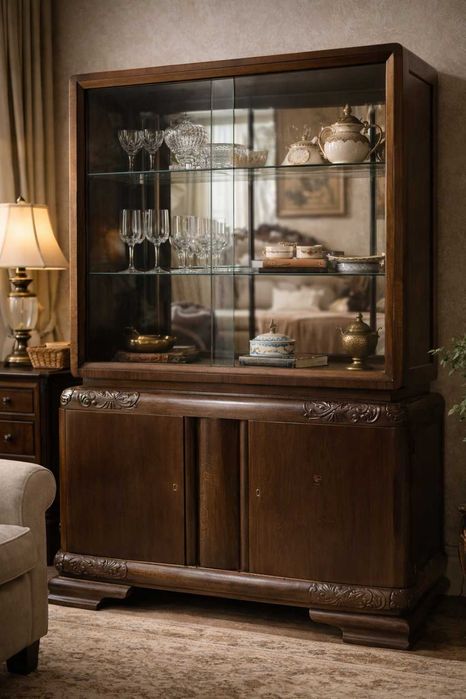 Vitrina Vintage Stil ArtDeco; Comoda cu vitrina din lemn